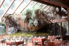 The restaurant is built around a stone outcropping.